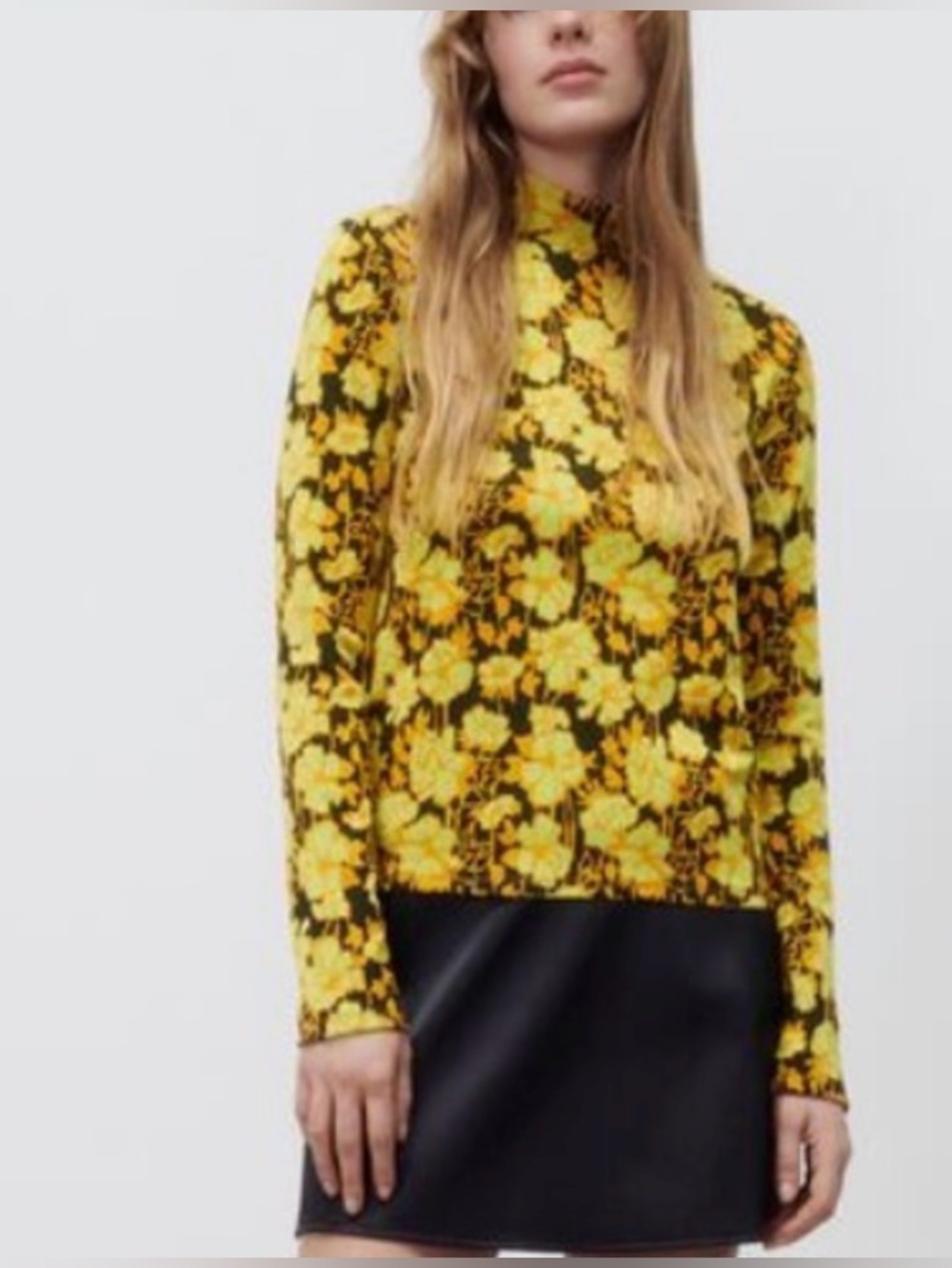 Zara Floral Jacquard Mock Neck Top Yellow Black Floral S